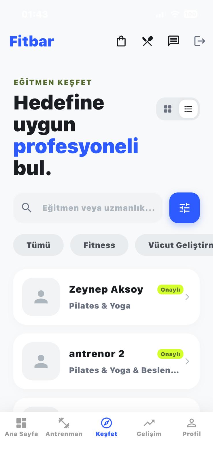Fitbar Mobil Fitness Ekosistemi Android/IOS